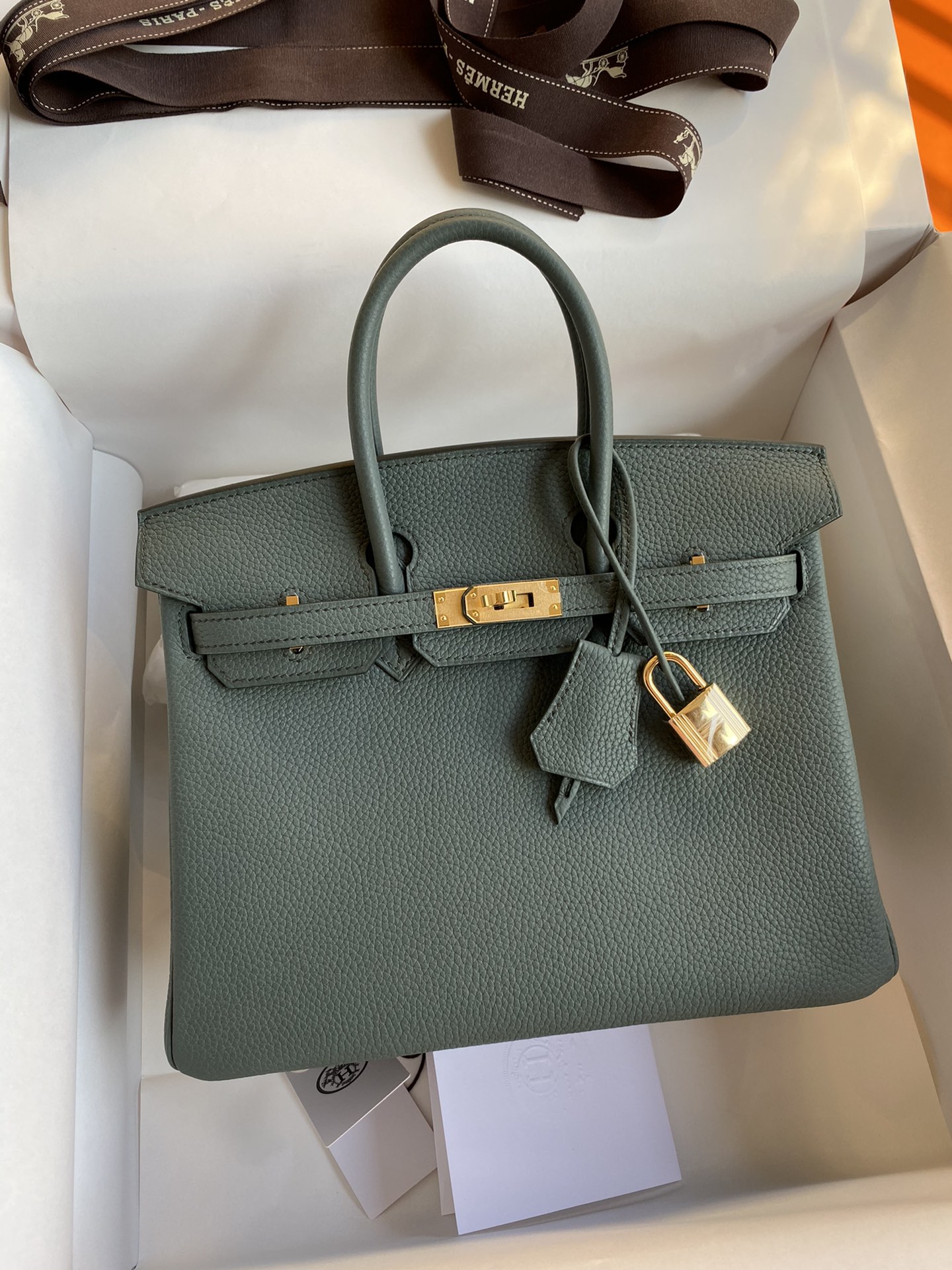 Hermes Birkin 25CM Togo Leather Handbag Vert De Gris